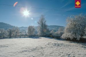 een besneeuwd veld met de zon in de lucht bij Karpatskyi Teremok in Verkhovyna