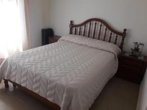 1 dormitorio con 1 cama con edredón blanco en Tandil Centro en Tandil