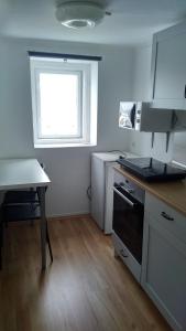 a kitchen with a table and a sink and a window at FSQH SECRET TOWER in Szeged