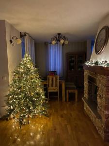 un arbre de Noël dans un salon avec une cheminée dans l'établissement Remarkable home Bohinj Lake, à Bohinj