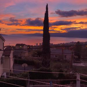 um pôr-do-sol sobre uma cidade com uma árvore alta em Studio apartment Milla em Rijeka