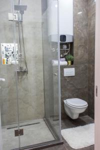 a bathroom with a shower and a toilet at Galaxy Apartments in Belgrade