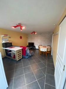 a living room with a person laying on the floor at Gîte à la campagne 1 in Sainteny