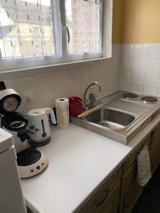 a kitchen counter with a sink and a stove at Gîte à la campagne 1 in Sainteny