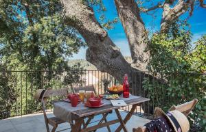 stół piknikowy z jedzeniem i napojami na patio w obiekcie Domaine Ghjulia w mieście Patrimonio