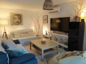 sala de estar con sofá y TV en Les Mondes - Appartement bas de maison en Ensuès-la-Redonne