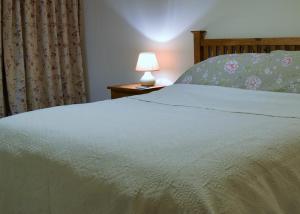 ein Schlafzimmer mit einem Bett und einer Lampe auf einem Tisch in der Unterkunft Sandhurst Farm Forge Self Catering Stableblock in Sittingbourne