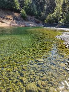 um grande corpo de água com pedras e árvores em Riberas del Azul em Lago Puelo