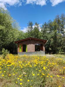 uma pequena cabana num campo de flores em Riberas del Azul em Lago Puelo