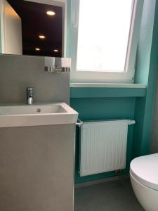 a bathroom with a sink and a toilet and a window at ARGENTA Living 16 in Künzell +37 photos