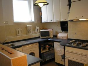 uma cozinha com um lavatório e um fogão forno superior em Vacation Apartment up to 10 em Bratislava
