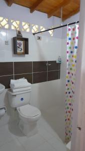 a bathroom with a toilet and a shower curtain at Casa Horizontes in San Carlos