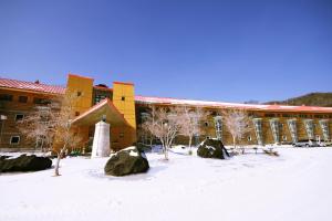 a building in the snow with rocks in front of it at Chuzenji Kanaya Hotel in Nikko