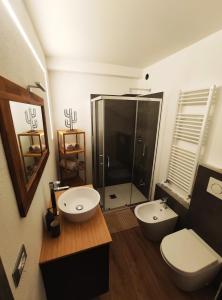 a bathroom with a toilet and a sink and a shower at Studiò Pila 1800 in Pila
