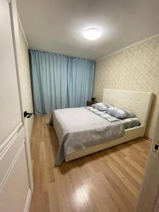 um quarto com uma cama e uma cortina azul em Apartment on Krasina-Abay street em Öskemen