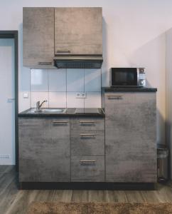 a kitchen with stainless steel cabinets and a microwave at E&B Aparthotel in Korb