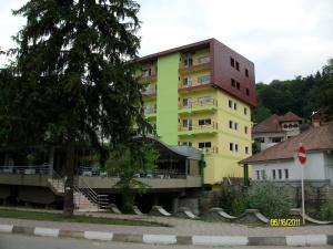 un edificio de apartamentos amarillo y verde con un árbol en Hotel Central - Baile Olanesti en Băile Olăneşti