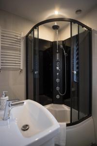 ザコパネにあるAdmi Zakopaneのバスルーム(シャワー、白いシンク付)