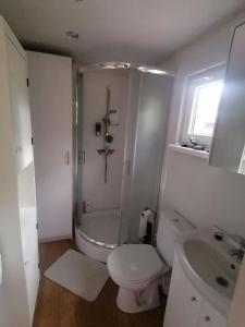 a white bathroom with a toilet and a sink at Tiny House am Wald in Krina