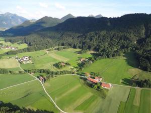 an aerial view of a green field with mountains at Ferienwohnung Jagdhäusl in Bernau am Chiemsee