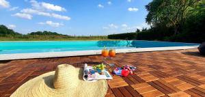 a straw hat sitting on a patio next to a swimming pool at Héthatár Wellness Vendégház - Fecskefészek in Pusztavacs +17 photos