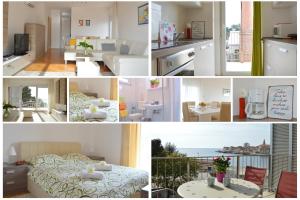 a collage of photos of a bedroom and a living room at Apartment Silvija sea view in Umag