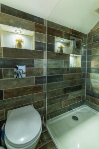 uma casa de banho com um WC, um chuveiro e uma banheira em Willa , Cosy house in Inverness em Inverness