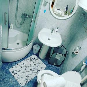 a bathroom with a sink and a toilet and a shower at Sweet dreams in Bijeljina