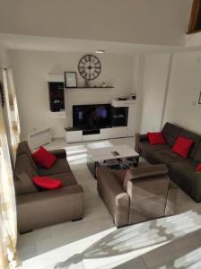 a living room with couches and a clock on the wall at Vila Lake Krupac in Nikšić