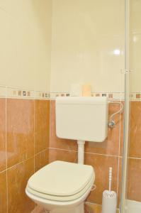 a bathroom with a toilet and a glass shower at Apartment Riva sea view in Umag