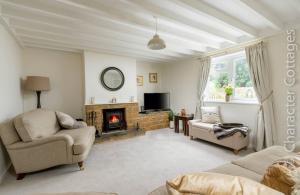 a living room with a couch and a fireplace at Holly Cottage Middle Tysoe in Middle Tysoe