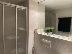 een badkamer met een douche en een grote spiegel bij COSY PANKOW HOMES - Studios mit TV Stick in Berlijn