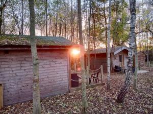 a small cabin with a bench in the woods at Riddings Wood lodges in Alfreton