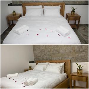 dos fotos de una cama con rosas. en Eastside Suites, en Majdal Shams