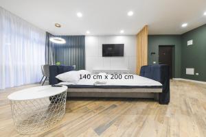 um quarto com uma cama com uma televisão em The Central Park Residence em Cluj-Napoca