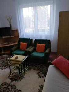 a living room with two green couches and a coffee table at Apartman Marija in Zlatibor