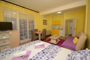 Kleines Zimmer mit einem Bett und einer Küche in der Unterkunft Apartman Sladja in Vrnjačka Banja