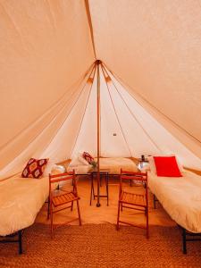 Zimmer mit 2 Betten und 2 Stühlen in einem Zelt in der Unterkunft Wander Camp Glacier in Coram