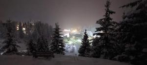 een besneeuwde nacht met een stad op de achtergrond bij Apartman D&D Šišava Vlašić in Vlasic
