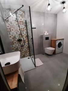 a bathroom with a sink and a shower and a toilet at Dwupiętrowy Apartament Grota 2 in Zakopane