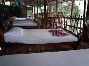 a group of four beds in a room at River Side Cabana in Tissamaharama