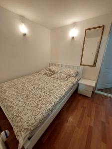 a small bedroom with a bed and a mirror at Borsko jezero in Bor