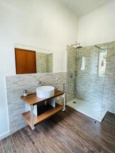 uma casa de banho com um lavatório e um chuveiro em Banus Rooms em Cagliari