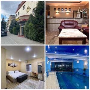 four different pictures of a house with a swimming pool at Deluxe SPA-Hotel in Ustʼ-Kamenogorsk