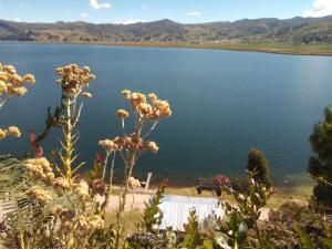 a view of a lake with mountains in the background at Madervill Hospedaje in Aquitania