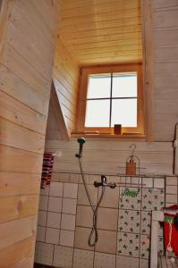uma casa de banho com um chuveiro numa casa de madeira em Vineyard Cottage Vercek em Novo Mesto