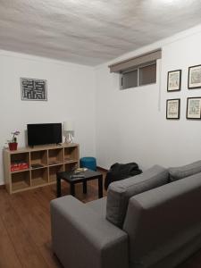 a living room with a couch and a tv at De Cá - suite com acesso independente e kitchenette in Lousã