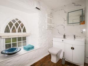 een witte badkamer met een wastafel en een toilet bij Destiny Cottage in Boscastle