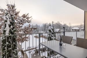 Apartments De Luxe Schluga في هيرماغور: شرفة مع طاولة وأشجار مغطاة بالثلج