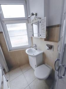 ein Bad mit einem WC, einem Waschbecken und einem Fenster in der Unterkunft Fiore in Duszniki-Zdrój